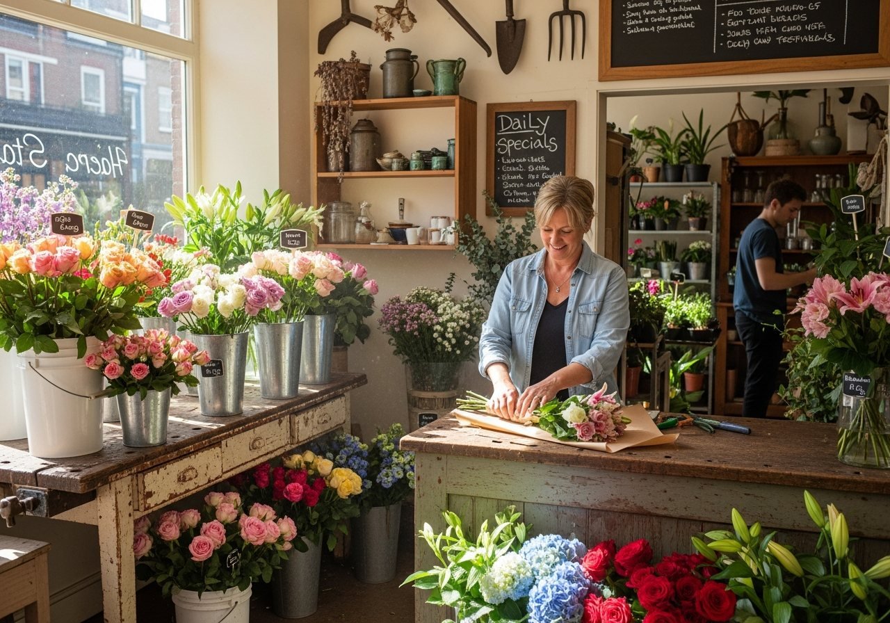 Shop owner arranging flowers
